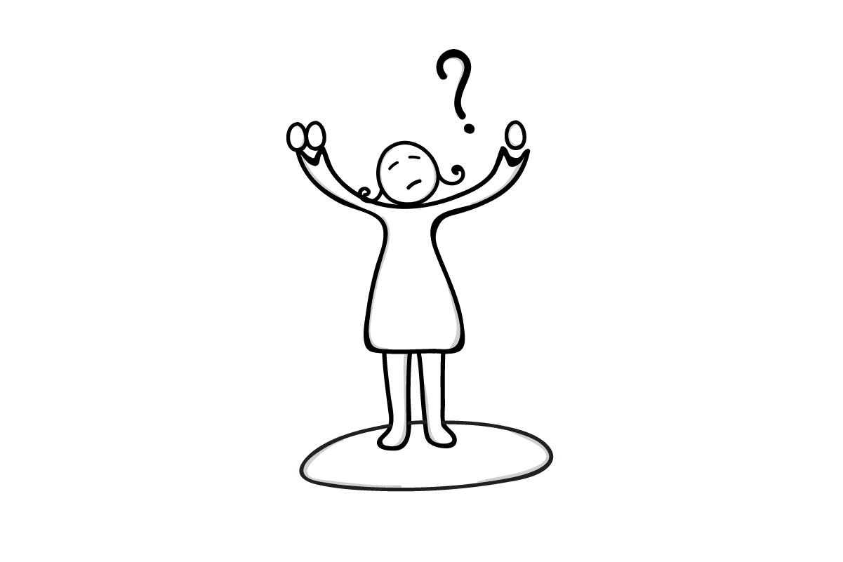 Lady holding up one egg in one hand and three eggs in the other hand